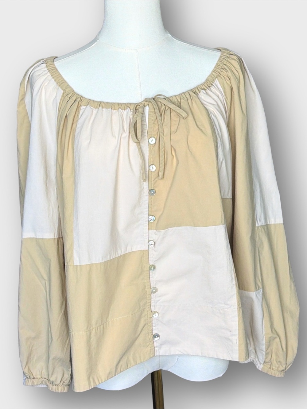 Madewell Patchwork Tie Front Poplin Peasant Top Neutrals Size Large